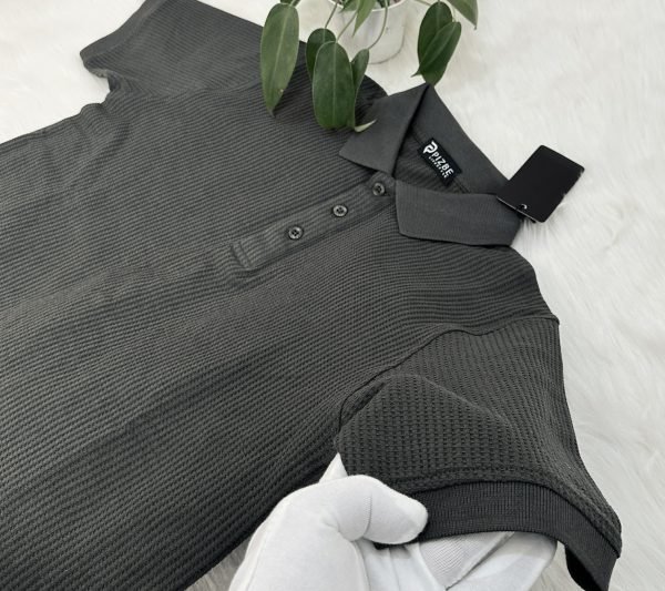 Men’s Waffle Pattern Knit Polo in Olive - Image 3